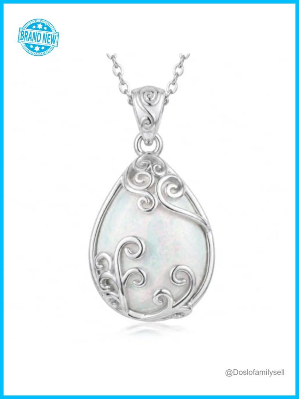 925 Sterling Silver White Opal Teardrop Pendant Necklace Filigree